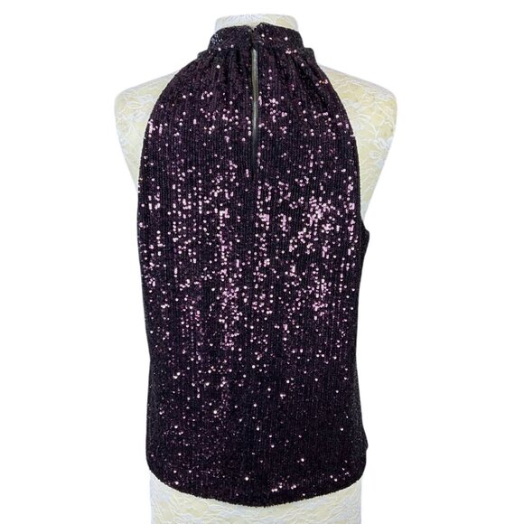 Parker Dallas Sleeveless Twist Halter Lined Burgundy Sequined Top Large - Picture 5 of 9